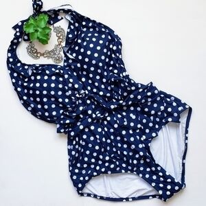 Modcloth The Reese One-Piece Swimsuit Halter Ruffle Polka Dot Navy Blue Size 3X